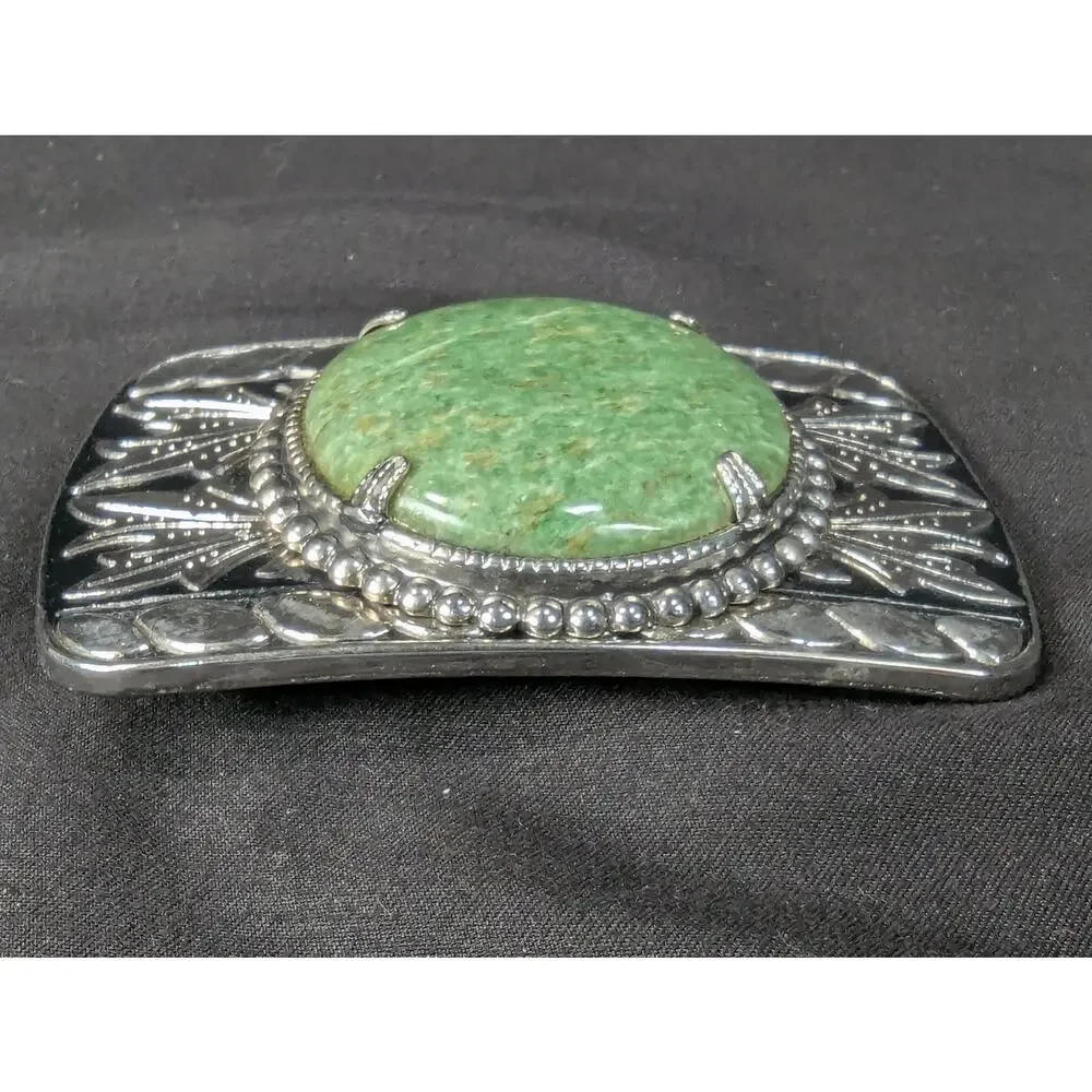 Vintage Western Style Belt Buckle Green Stone Cabochon Leaf Motif Women Acces...